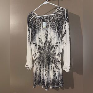 Vintage Daniel Benjamin Ladies Chic Black and White Patterned Blouse New Sz L